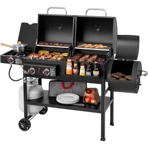 2-Burner Gas and Charcoal Combo Grill- Offset Smoker and Side Burner- 34,000 BTU Dual Fuel Grill- 1020 Sq. In. Cooking Area
