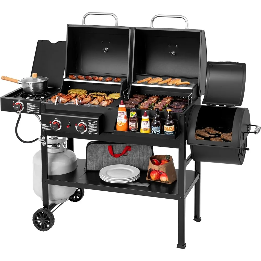 2-Burner Gas and Charcoal Combo Grill- Offset Smoker and Side Burner- 34,000 BTU Dual Fuel Grill- 1020 Sq. In. Cooking Area