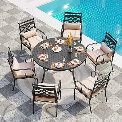 7- Pcs Patio Dining Set- Outdoor Table- 6- Chairs- Metal Frame- Steel Round Table- Chairs Can Be Swivel or Stationary - Image 7