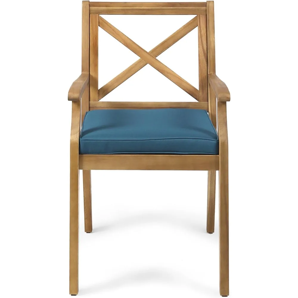 Set of 2- Outdoor Dining Chairs- All-Weather Accent Chairs with Arms and Blue Cushions - Image 3