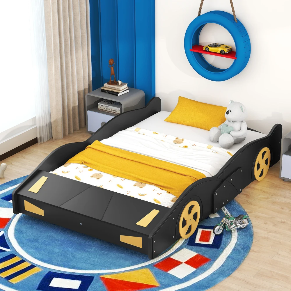 Full-Size Race Car-Shaped Platform Bed with Wheels and Storage- Black+Yellow - Image 2