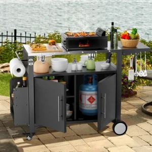 Grill Cart with Storage- Patio Kitchen Island with Wheels, Hooks, and Spice Rack-Waterproof