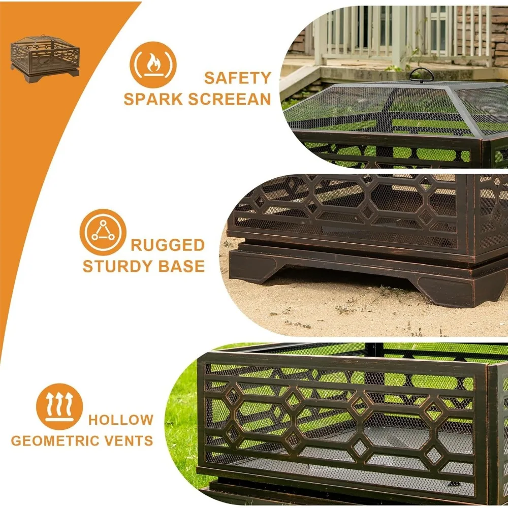 Outdoor Fire Pit- 32 Inch Wood Burning Fire Pit- Mesh Cover & Fire Poker- Large Extra-Deep Square Metal Fireplace - Image 6