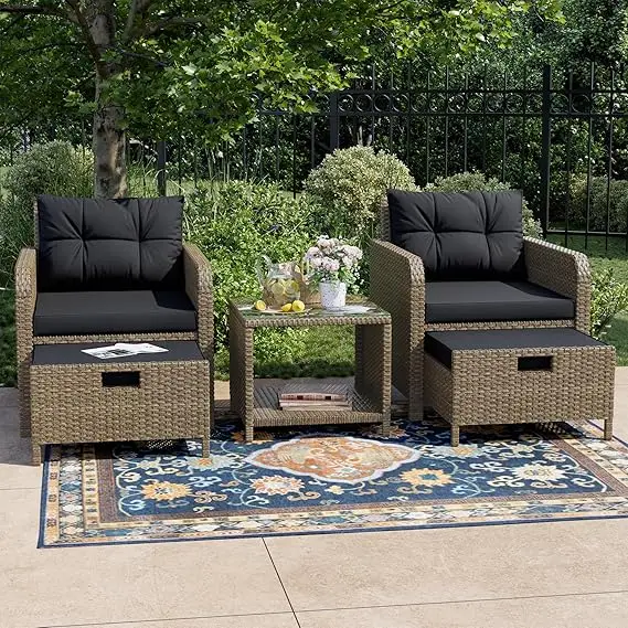 5-Pc Patio Conversation Set- PE Wicker Rattan Outdoor Lounge Chairs with Soft Cushions 2 Ottoman and Glass Table- Multiple styles and Colors - Image 12
