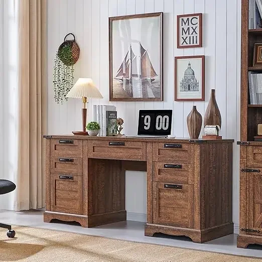 60" Executive Desk- Drawers- Wood Home Office Desk w/Charging Station (Reclaimed Barnwood, and Antique White) - Image 6