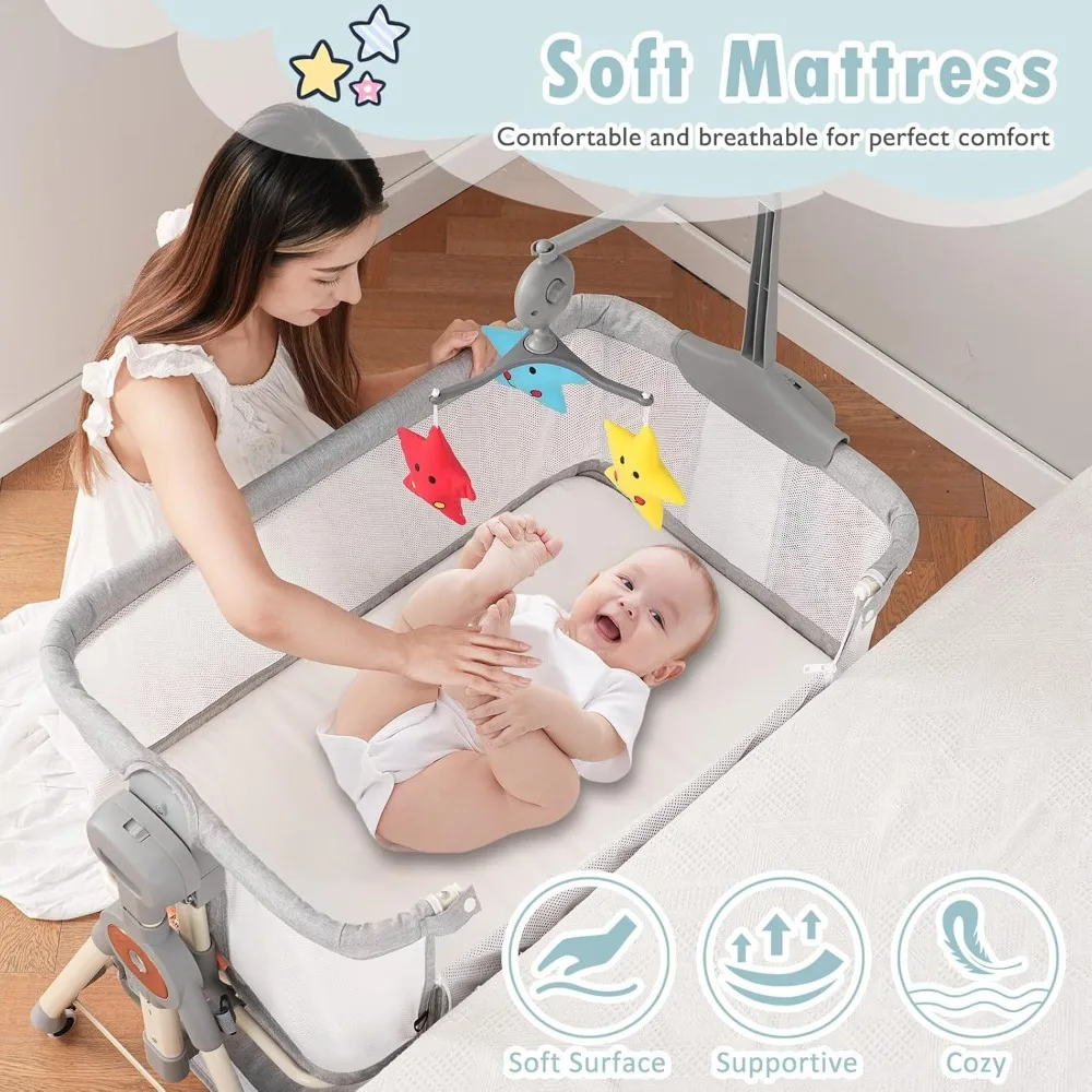 Grey 3-in-1 Baby Rocking Bassinet w/Musical Toys- Bedside Bassinet for Baby w/Storage Basket and Wheels- Adjustable Bedside Crib - Image 5