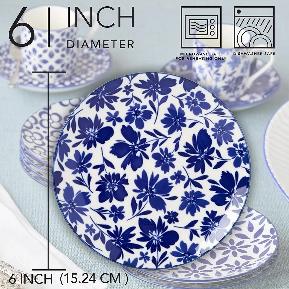 Set of 6 Porcelain Plates- 6 Inch Blue and White- Microwave and Dishwasher Safe - Image 4