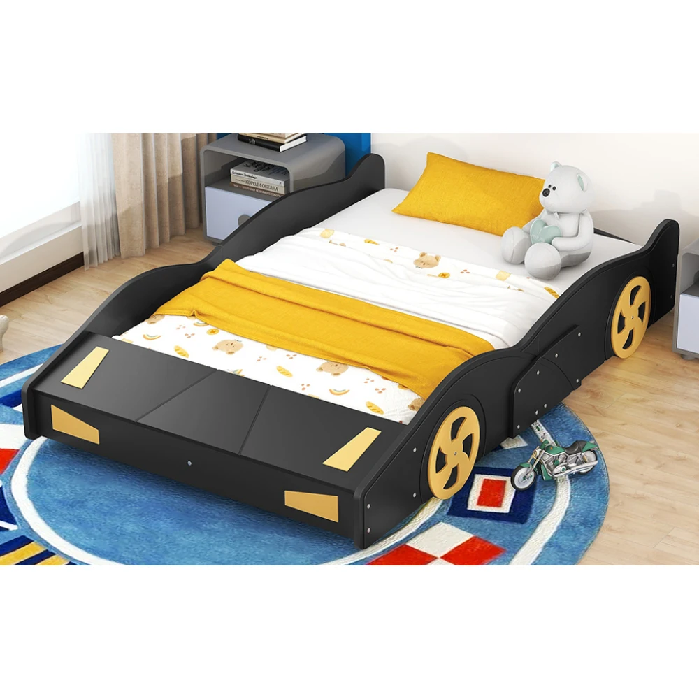 Full-Size Race Car-Shaped Platform Bed with Wheels and Storage- Black+Yellow - Image 6