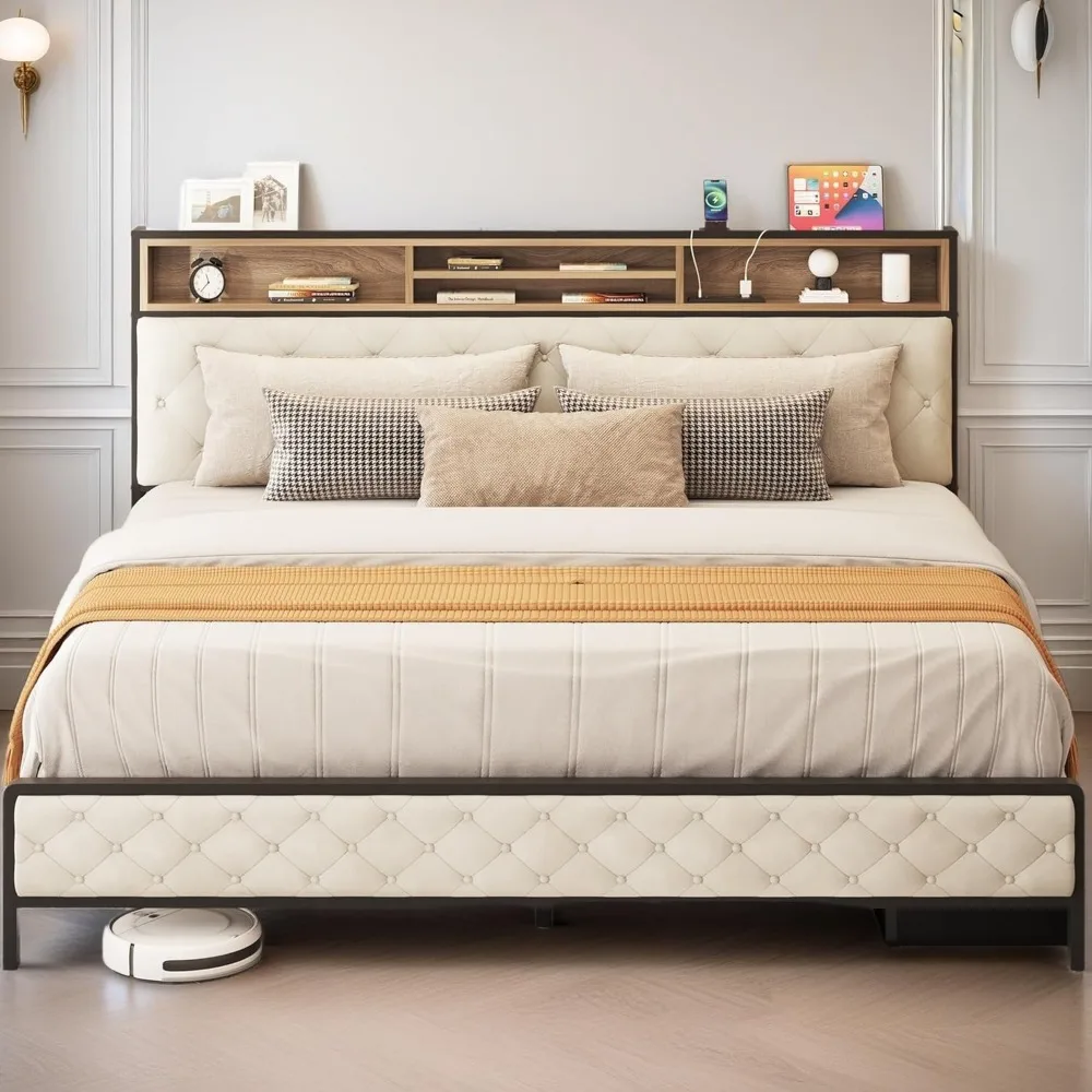 King-Size Bed Frame with Charging Station- Upholstered Platform Bed with Storage Headboard - Image 3