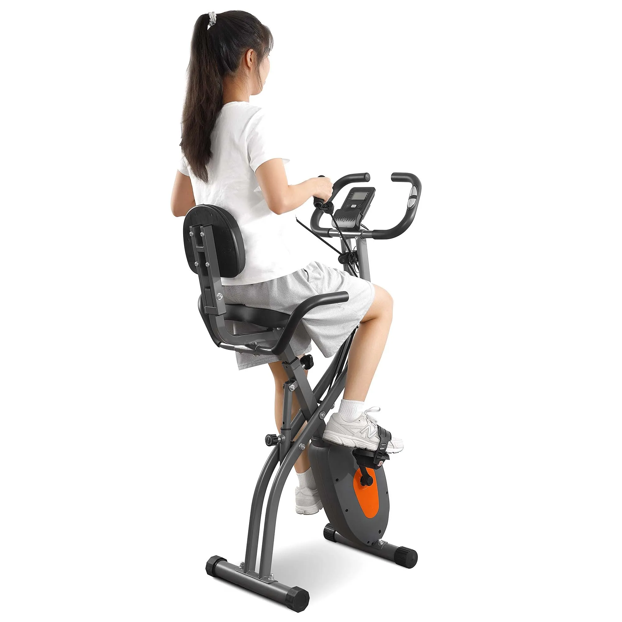 Folding Exercise Bike- Pulse Sensor- LCD Monitor- Recumbent Exercise Bike with Arm Resistance Bands