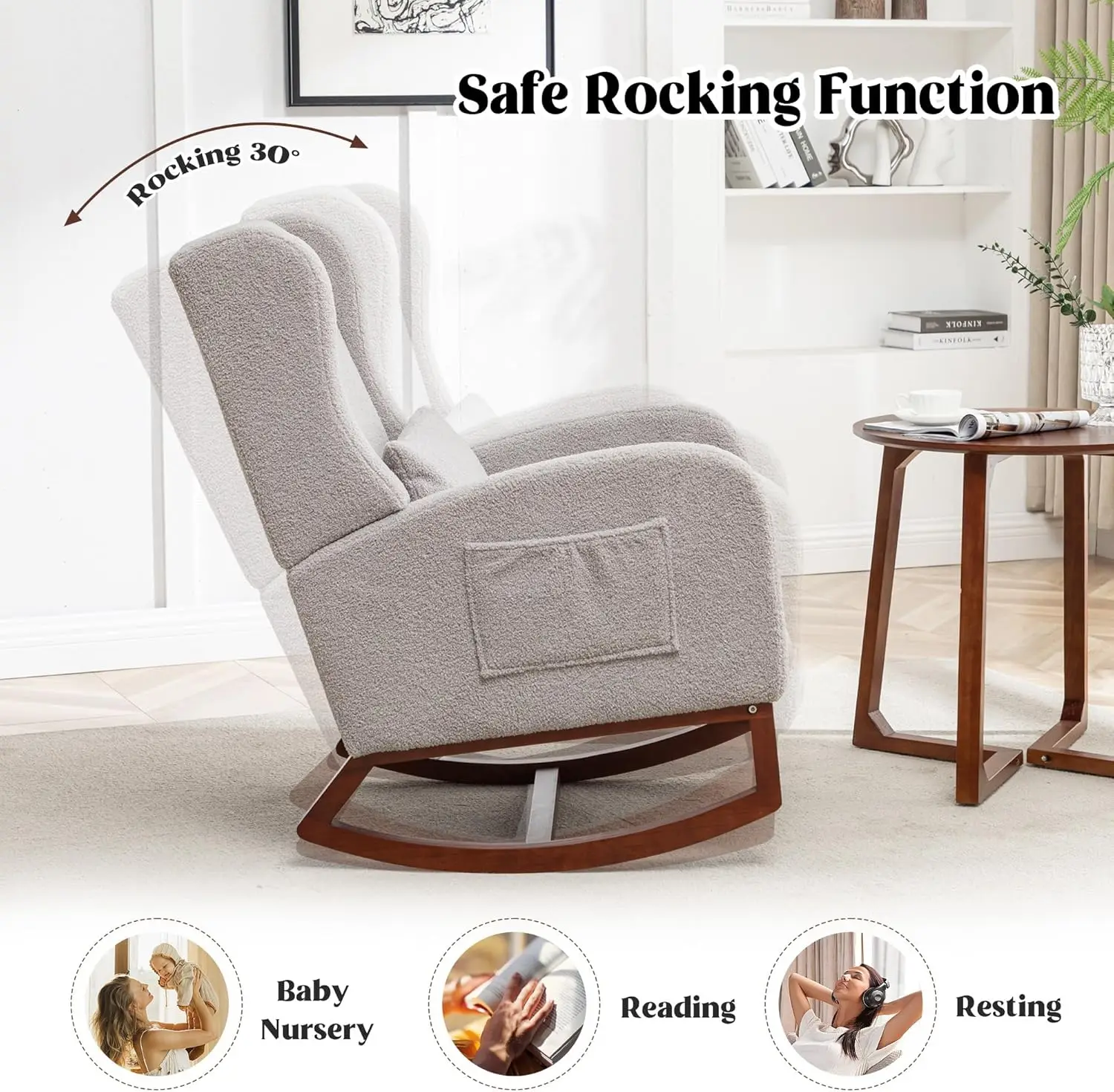 Nursery Wingback Rocking Chair- Footrest- Teddy Fabric- Nursing Glider/ Rocker Chair with Pillow and High Back - Image 5
