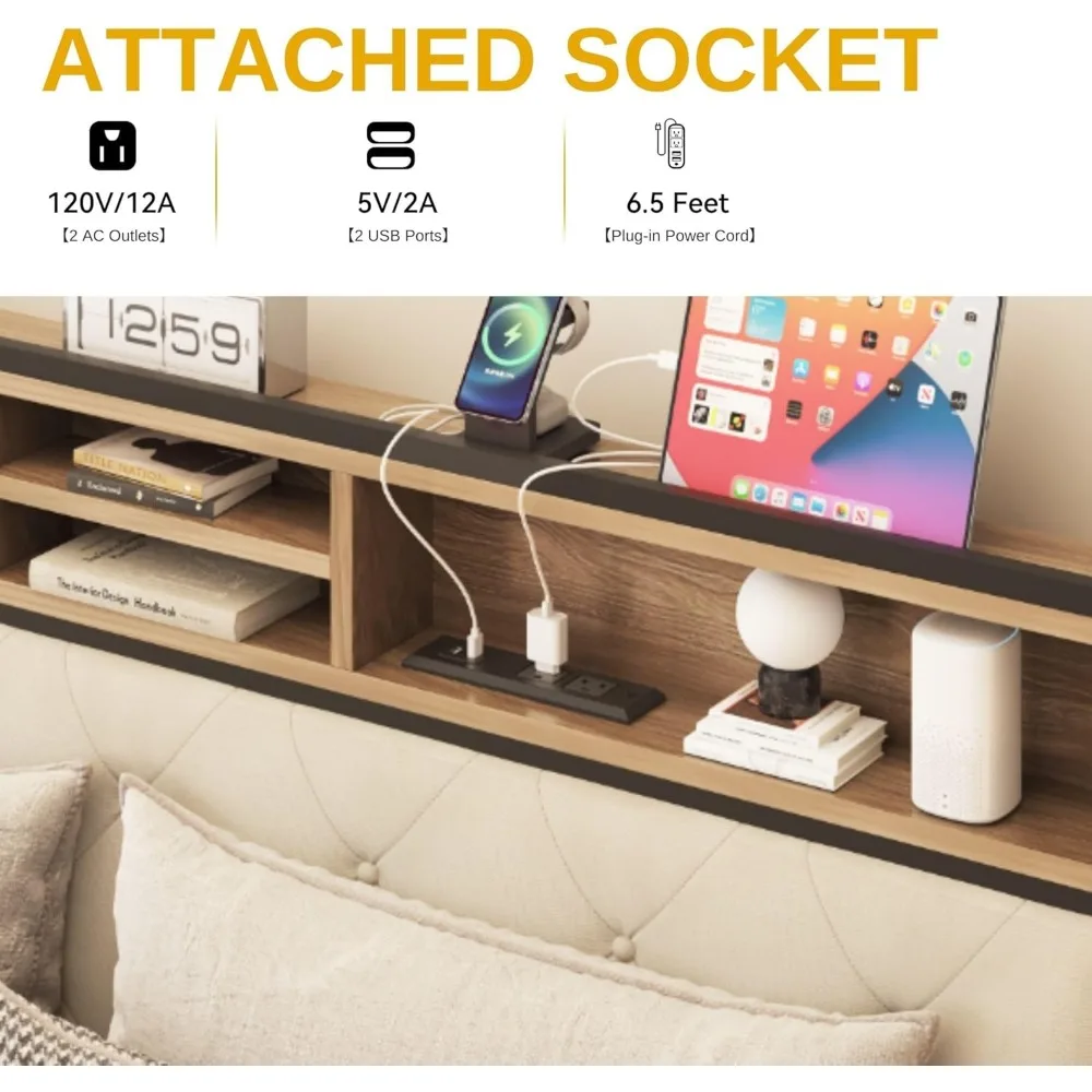 King-Size Bed Frame with Charging Station- Upholstered Platform Bed with Storage Headboard - Image 4