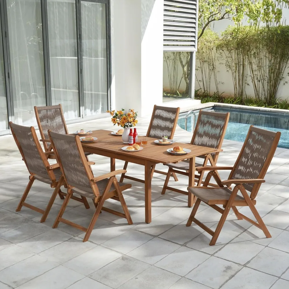 Casual Acacia 7-Piece Patio Dining Set- 6 Foldable Acacia Wooden and Rope Chairs and Large Table - Image 6