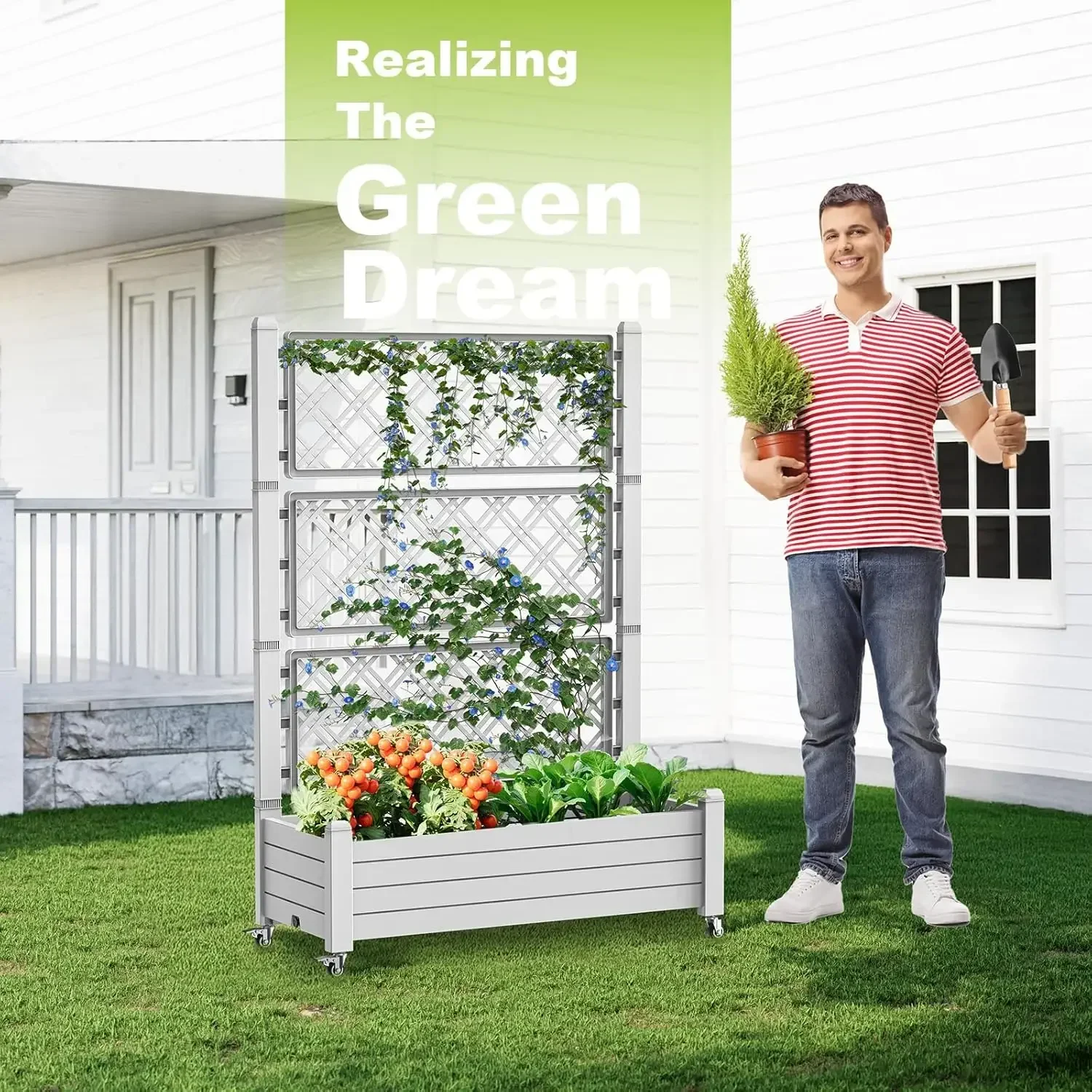 Elevated Garden Bed with Trellis - 43.43" x 18.27" x 64.29" Resin Planter Box w/Stand- Drain Plug & Water Monitor - Image 3