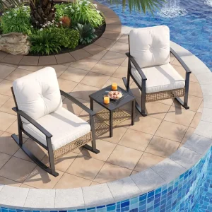 3-Piece Rocking Bistro Set- Patio Furniture- Coffee Table- Thick Cushions- Wicker Rocking Chairs- Set of 2