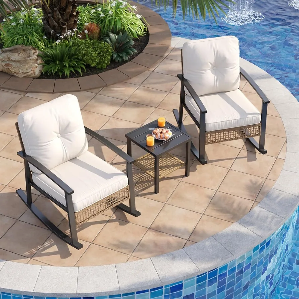 3-Piece Rocking Bistro Set- Patio Furniture- Coffee Table- Thick Cushions- Wicker Rocking Chairs- Set of 2