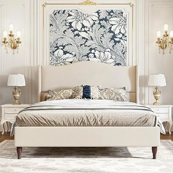 Full-Size Bed Frame- Upholstered Platform Bed- 51" Tall Wingback Headboard- Soft Fabric- 3 Colors - Image 7