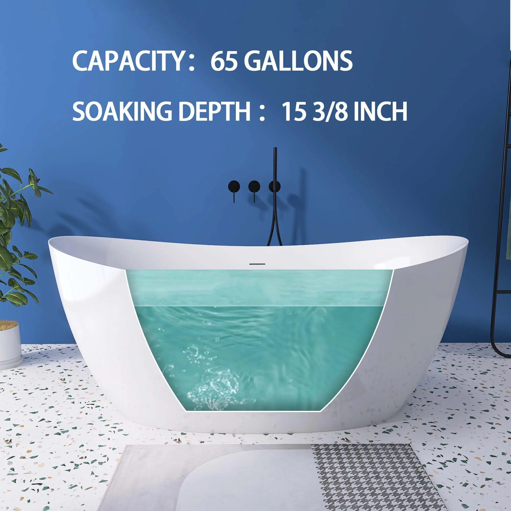 63" Acrylic Free Standing Tub - Classic Oval Shaped Soaking Tub- Adjustable Freestanding Bathtub with Integrated Slotted Overflow - Image 5
