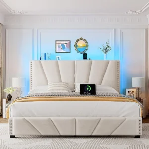 Bed Frame with Velvet Headboard and LED Lights- Storage- Platform Bed with Charging Station- Twin- Full- Queen- King