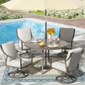 5-Piece Patio Dining Set- 4 Swivel Rocking Chairs and 38’’ Round Dining Table with 1.65’’ Umbrella Hole