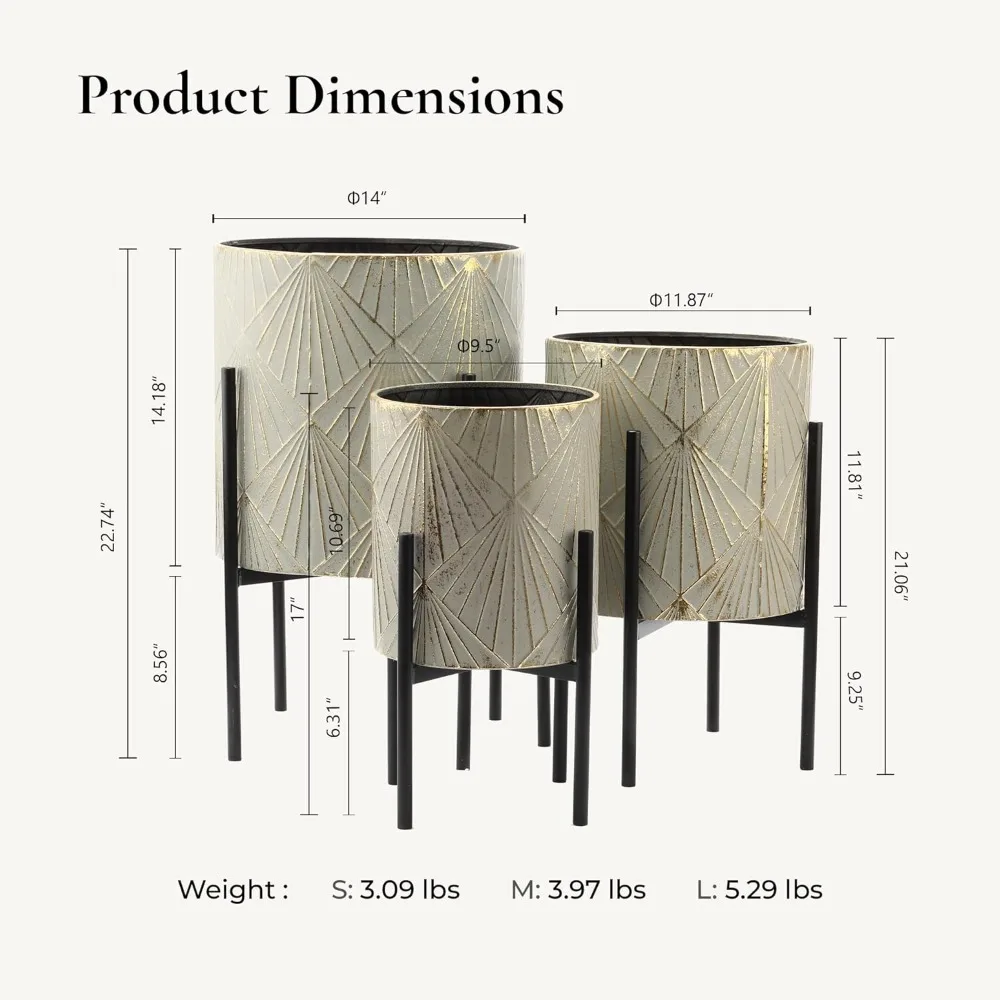 Indoor/Outdoor Planters- Set of 3 Floor Plant Pots with Stands- Decorative Metal Flower Pots - Image 3