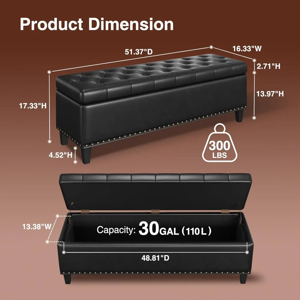 Storage Bench- 51-Inch King Storage Ottoman- 30 Gallons- Tufted Upholstery- Multiple Colors - Image 3