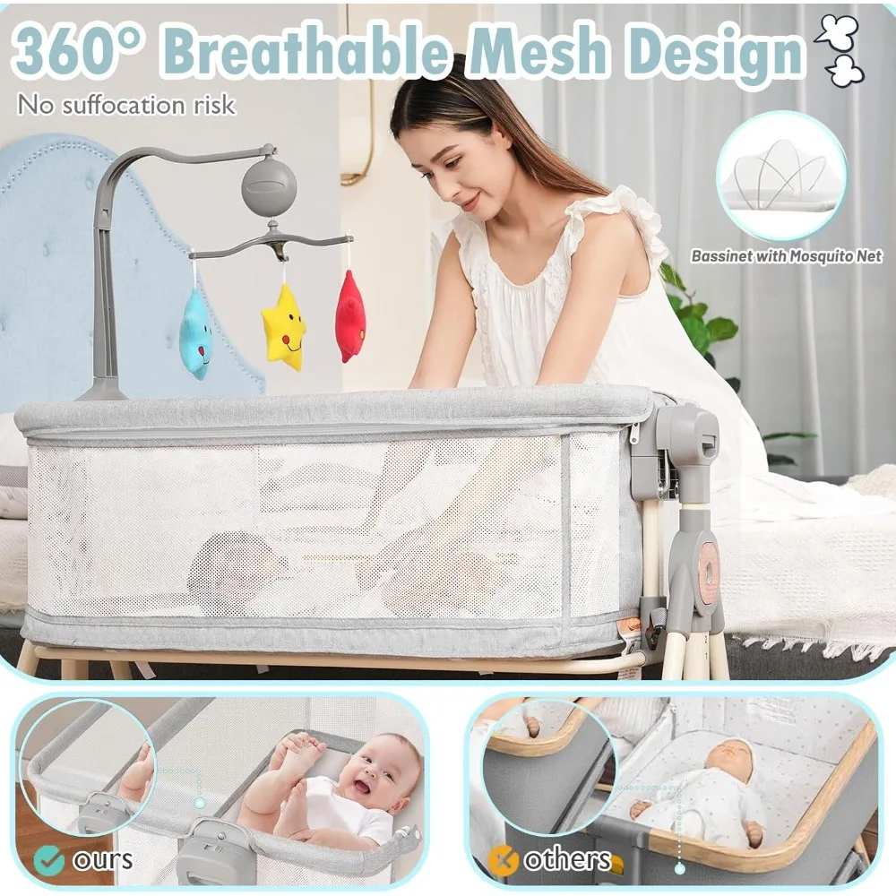 Grey 3-in-1 Baby Rocking Bassinet w/Musical Toys- Bedside Bassinet for Baby w/Storage Basket and Wheels- Adjustable Bedside Crib - Image 4