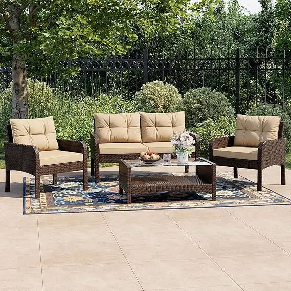 5-Pc Patio Conversation Set- PE Wicker Rattan Outdoor Lounge Chairs with Soft Cushions 2 Ottoman and Glass Table- Multiple styles and Colors - Image 11