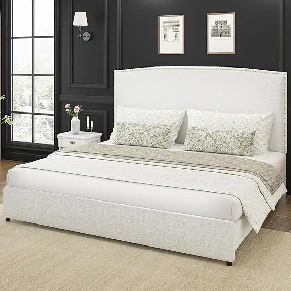 King-Size Upholstered Platform Bed Frame- 56" Headboard- Soft Boucle Fabric- No Box Springs Required- 3 Colors - Image 9
