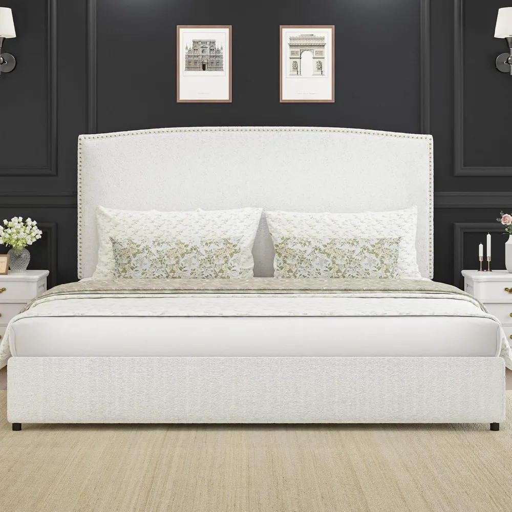 King-Size Upholstered Platform Bed Frame- 56" Headboard- Soft Boucle Fabric- No Box Springs Required- 3 Colors - Image 3