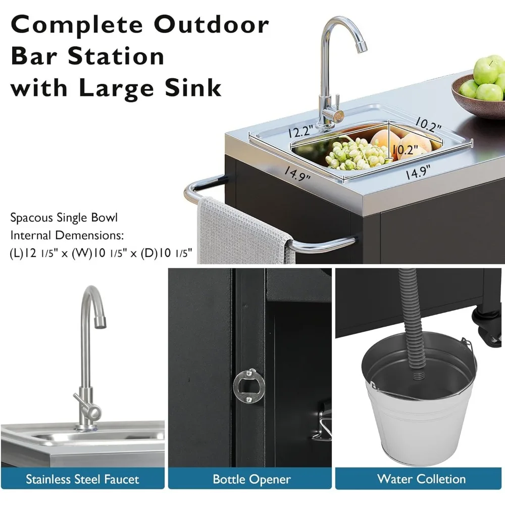 Kitchen Island with Sink- Metal Grill Cart- 304 Stainless Steel Sink- 55.5 Inch Outdoor Bar Cart Station with 4 Lockable Castors - Image 3