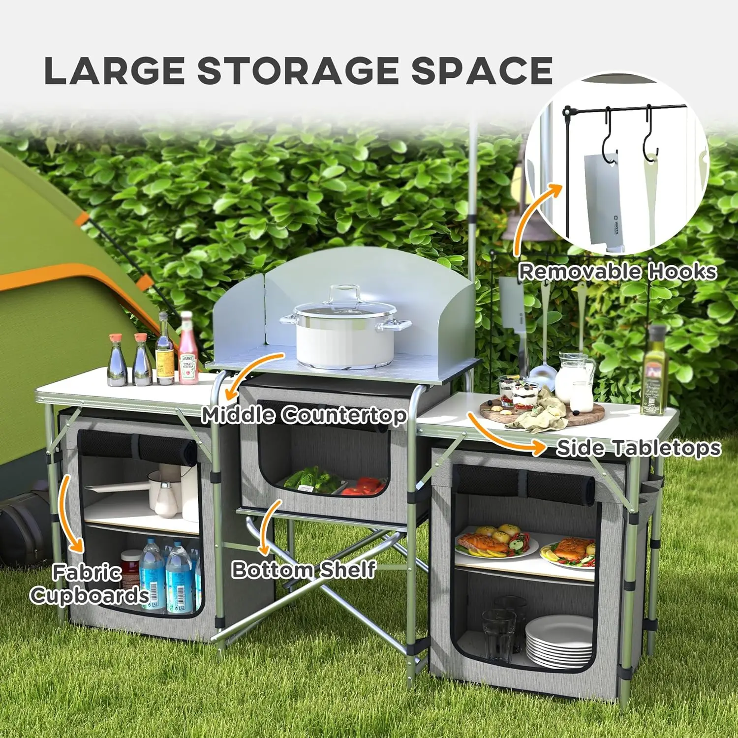 Camping/BBQ Table- Folding Cook Station with 3 Fabric Cupboards, and Carrying Bag - Image 4