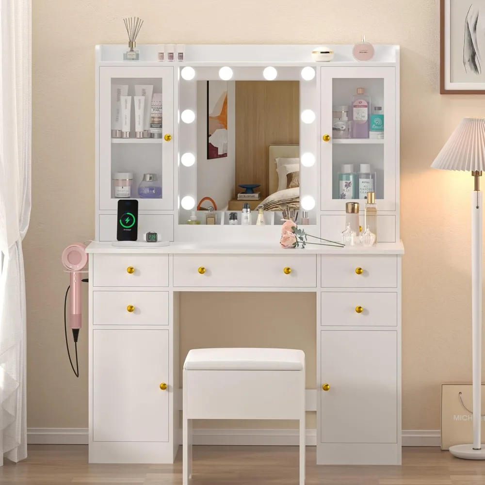 Vanity Desk with Mirror and Lights- 43" White Makeup Vanity Set- 5 Drawers & Glass Cabinets- Storage Stool- Power Outlet - Image 2