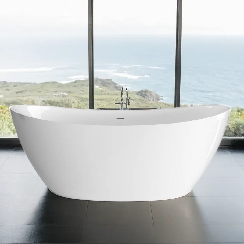 63" Acrylic Free Standing Tub - Classic Oval Shaped Soaking Tub- Adjustable Freestanding Bathtub with Integrated Slotted Overflow - Image 2