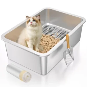 XL- Stainless Steel, Sifting Litter Box- Designed for Large Cats Using Wood Pine Pellets