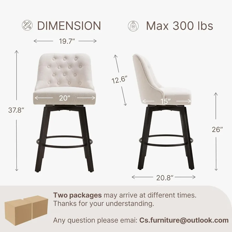 Set of 4- Counter-Height Swivel Barstools with Back- 26" H Seat Height- Upholstered Bar Stools for Kitchen Island- Beige Fabric - Image 2