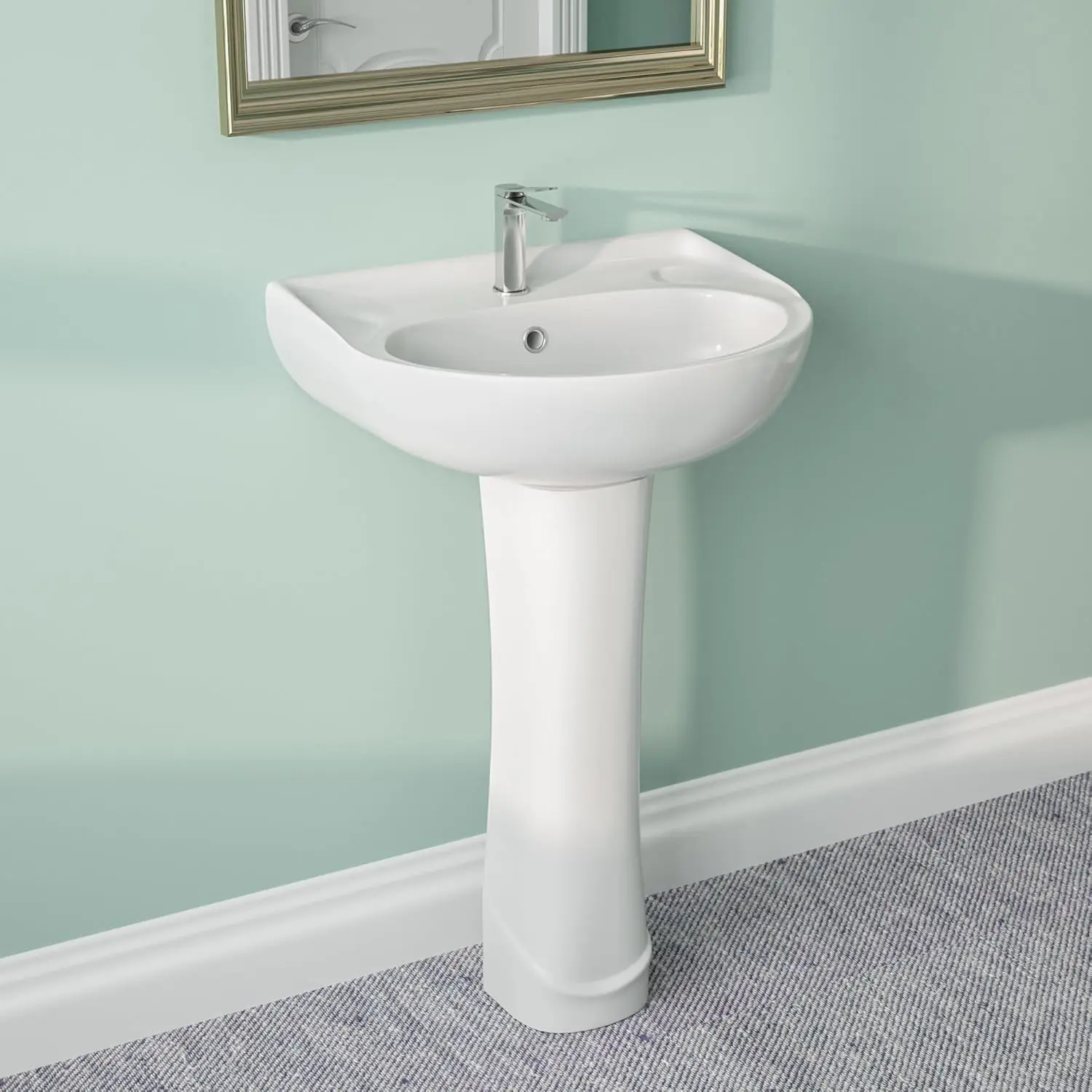 20" X 17" Modern U-Shape White Ceramic Pedestal Bathroom Sink With Three Faucet Holes - Image 8