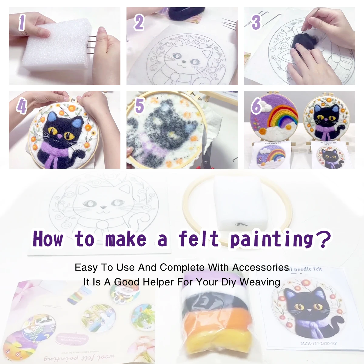 Wool Felting- Painting With Wool- Embroidery Kit- Cats! Cats! and More Cats! (Beginner Friendly) - Image 5