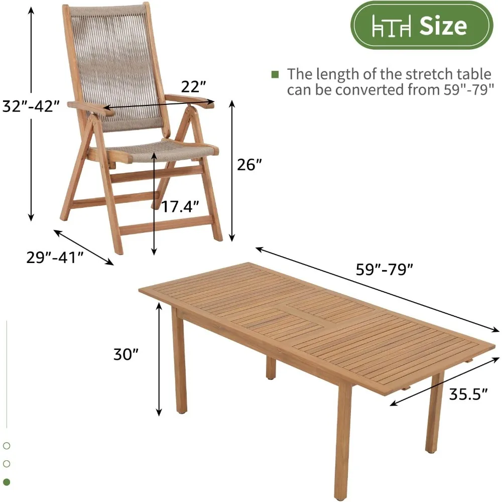 Casual Acacia 7-Piece Patio Dining Set- 6 Foldable Acacia Wooden and Rope Chairs and Large Table - Image 5