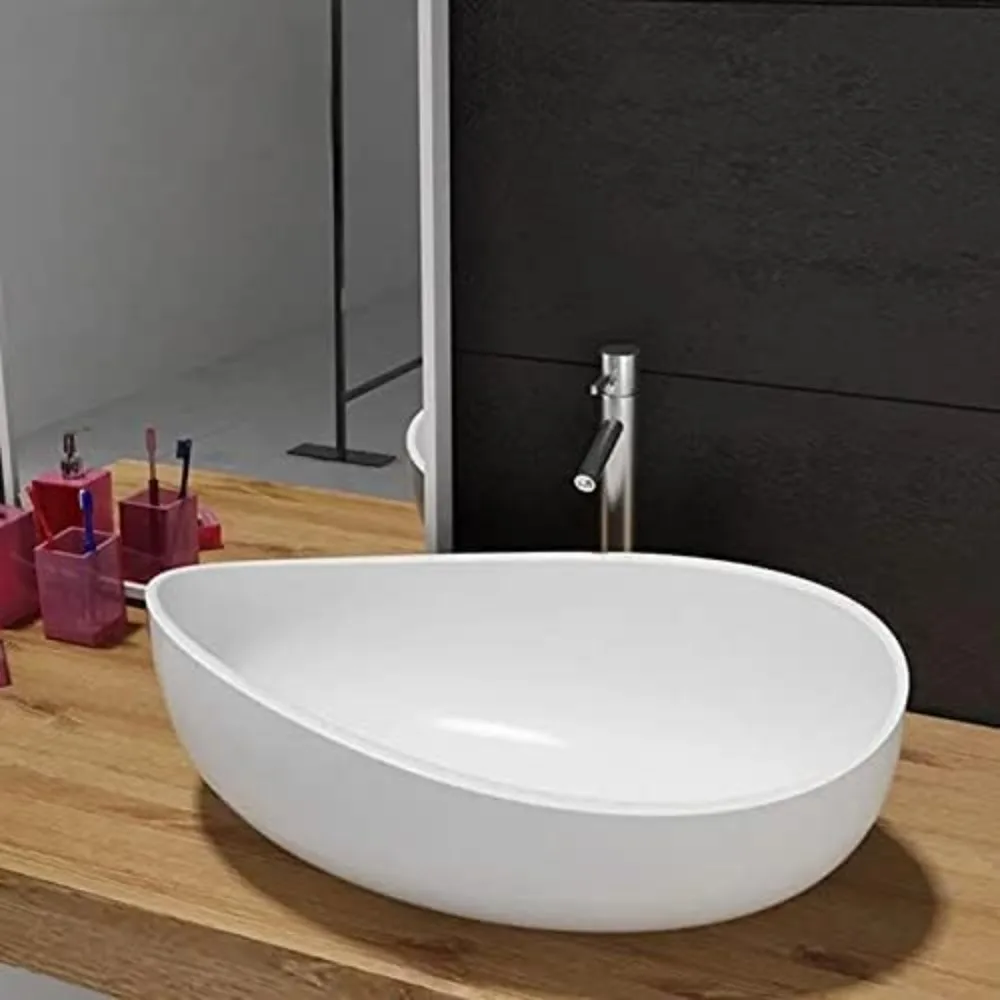Oval, Stone Resin Bathroom Sink- Modern Art Sink- Matte White with Pop Up Drain (Glossy White) - Image 2