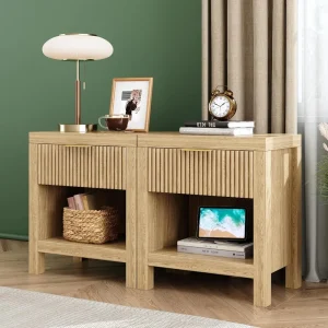 Set of 2 Nightstands/ End Tables with 2 Drawers- Natural, Walnut, or Black