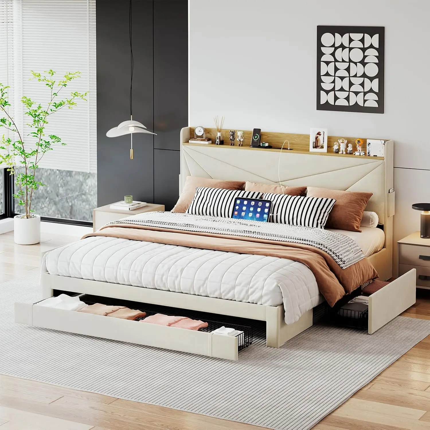 Queen-Size Bed Frame with 3 Drawers- Upholstered Bed Frame with Storage Headboard- AC USB & Type C Charging Station - Image 7