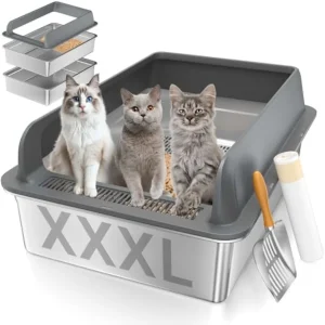 Extra-Large Stainless Steel Sifting Litter Box with Lid- Used with Pine Pellets- Big Cats- Metal Pellet Sifter Litter Pan- Litter Scoop Included