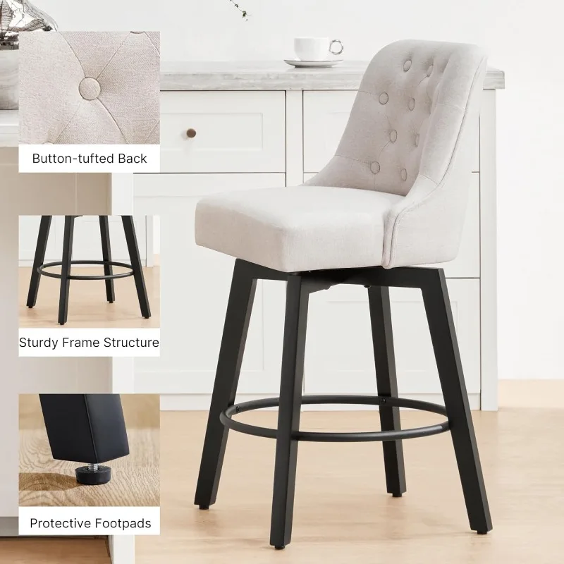 Set of 4- Counter-Height Swivel Barstools with Back- 26" H Seat Height- Upholstered Bar Stools for Kitchen Island- Beige Fabric - Image 4