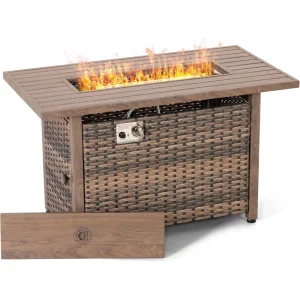 43” Propane Fire Pit- CSA-Listed Rattan Outdoor Fire Pit Table- 50,000 BTU- Smokeless Gas Fire Pit with Lid and Glass