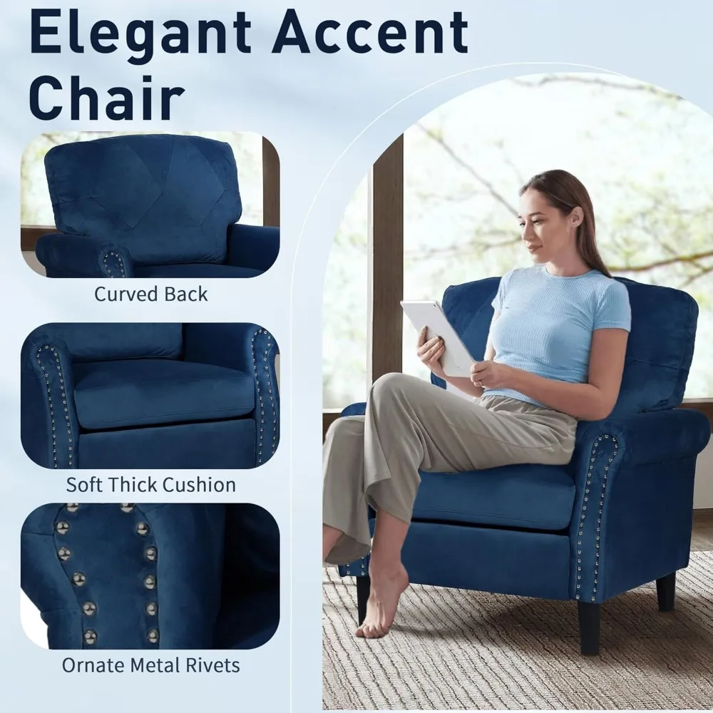 Blue Accent Chairs for Living Room- Set of 2- Upholstered Armchairs- Comfy Velvet Chairs w/Wood Legs & Nailhead Trim - Image 3
