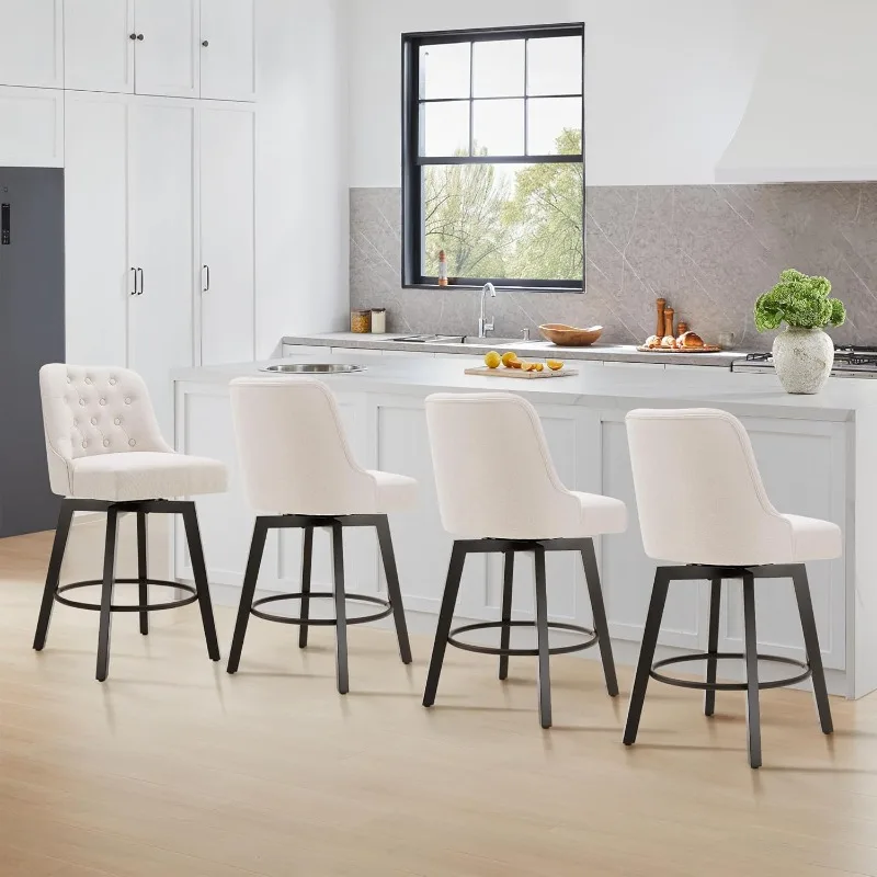 Set of 4- Counter-Height Swivel Barstools with Back- 26" H Seat Height- Upholstered Bar Stools for Kitchen Island- Beige Fabric