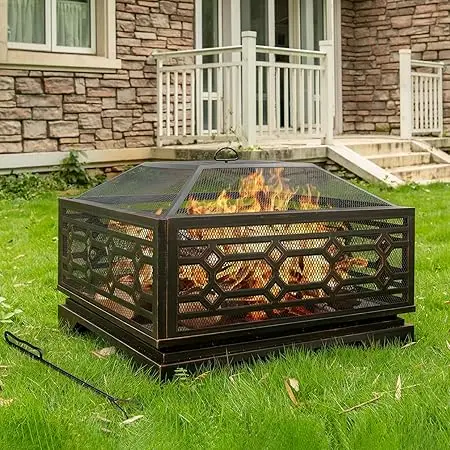 Outdoor Fire Pit- 32 Inch Wood Burning Fire Pit- Mesh Cover & Fire Poker- Large Extra-Deep Square Metal Fireplace - Image 7