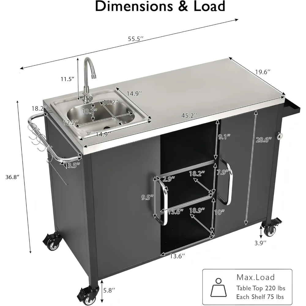 Kitchen Island with Sink- Metal Grill Cart- 304 Stainless Steel Sink- 55.5 Inch Outdoor Bar Cart Station with 4 Lockable Castors - Image 2