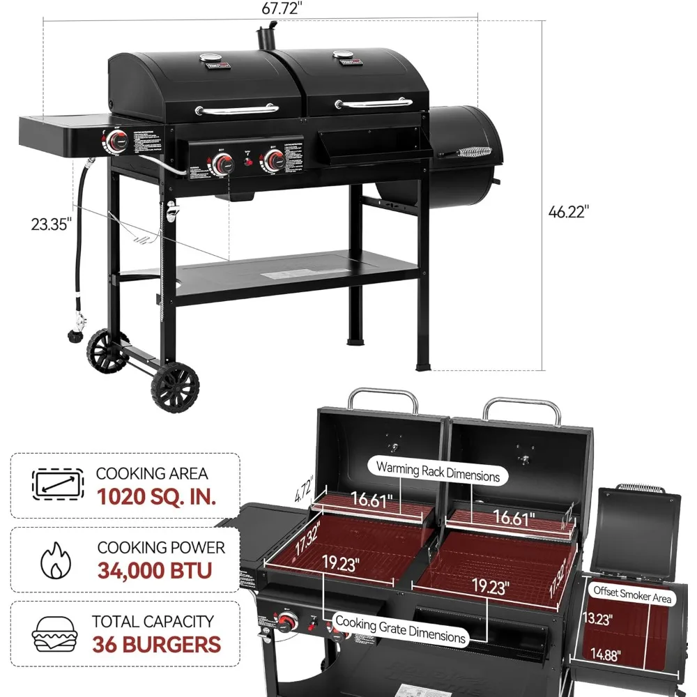 2-Burner Gas and Charcoal Combo Grill- Offset Smoker and Side Burner- 34,000 BTU Dual Fuel Grill- 1020 Sq. In. Cooking Area - Image 2